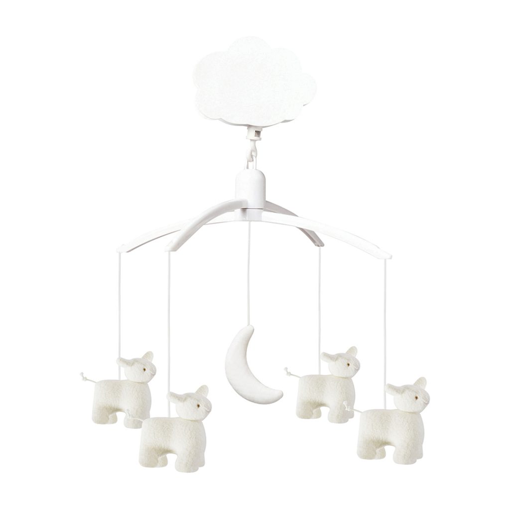 Musical mobile with soft sheep toys. Universal fit for any design of a cot or a cot bed. Playing "Lullaby" tunes by Mozart.